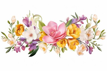 watercolor of freesia clipart with fragrant blooms in various colors. flowers frame, botanical border, floral illustration for wedding invitations, floristic, beauty salon. Tropical, spring blossom.
