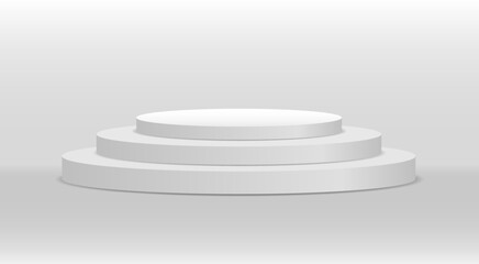 White 3d podium mockup in different shapes. Pedestal and platform, stand stage, cylinder. Template for promotional items. Round and square empty stages and podium stairs vector 3d