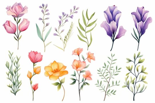 Watercolor Of Freesia Clipart With Fragrant Blooms In Various Colors. Flowers Frame, Botanical Border, Floral Illustration For Wedding Invitations, Floristic, Beauty Salon. Tropical, Spring Blossom.