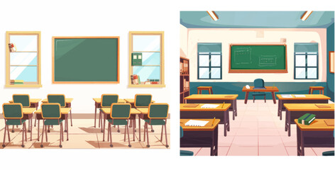 School exam room with elementary class chalkboard and blackboard desks lesson college supplies students