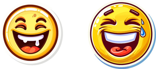 Cartoon happy face with laughing mouth and tears, emoticons cry or tear smile