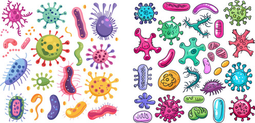 Fototapeta na wymiar Human health science, epidemic colorful probiotic micro organism, germ, diseases and viruses cartoon vector flat icons