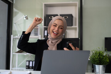 Happy excited smartphone user enjoying, success, achieve, high job result. Euphoric business woman...