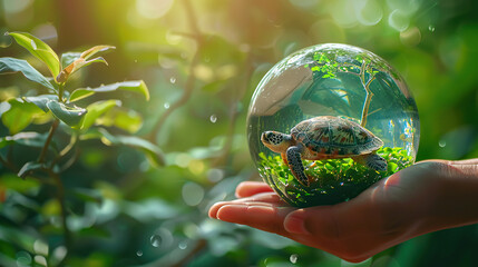 glass globe with a turtle inside it, Earth Day or World Wildlife Day concept. Save our planet, protect green nature and endangered species, biological diversity theme - obrazy, fototapety, plakaty