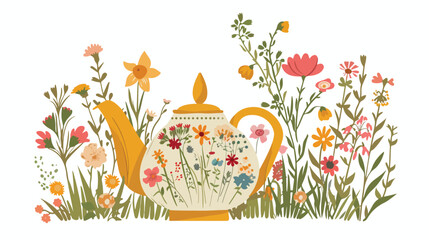 Teapot with wildflowers on white background. Vector