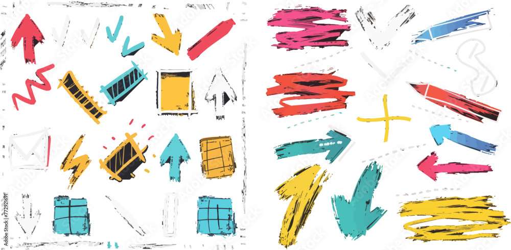 Poster curvy and dashed lines and geometric shapes. arrow in different direction vector illustration