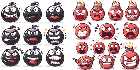Vector military weapon and explosive tool game icon set. Smiling, scared and angry emotions