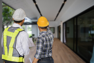 architect on construction site inspection documents and business workflow in the morning.