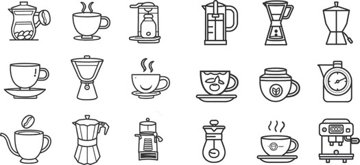 Hot drink cup, nature coffee beans and cafe outline pictogram