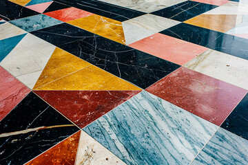 Bold geometric marble tiles in vibrant colors for a contemporary aesthetic.