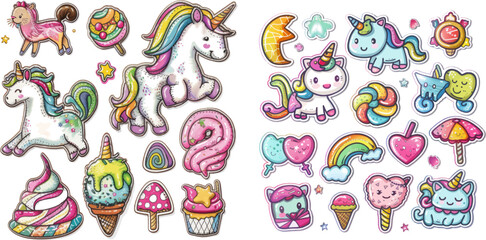 Magic fairytale pony unicorn, fabulous cat and sweet candy stickers