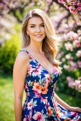 Fototapeta premium Beautiful young smiling blond woman stay in a floral print dress in a spring blooming garden. Generative AI