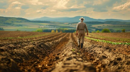 A farmer inspecting freshly plowed soil in a vast farmland. 