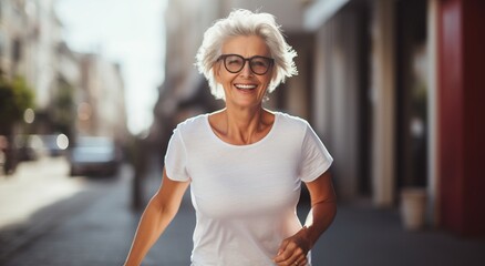 Keeping in shape at 60. Smiling middle-aged woman during a jog in the city