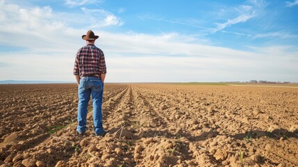 A farmer inspecting freshly plowed soil in a vast farmland. 