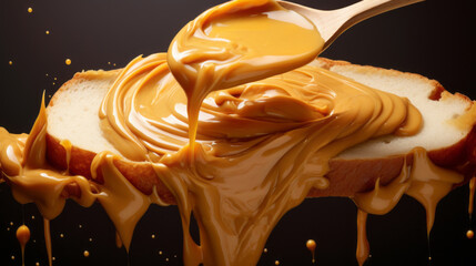 Melted caramel or peanut butter pouring from a wooden spoon onto a slice of bread