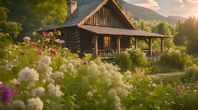 A charming, rural log cabin surrounded by a fragrant garden full of herbs and flowers.
