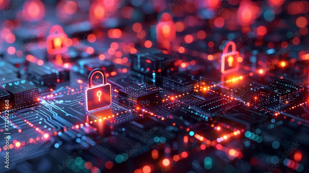 Poster a computer chip with two red locks on it. the locks are glowing in the dark. concept of security and