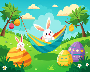 Cartoon scene of the Easter bunny sitting in a hammock. The action takes place in an Easter egg field with trees and blue sky.