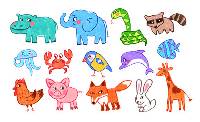 Felt pen vector colorful illustration collection of child drawings of cute animals