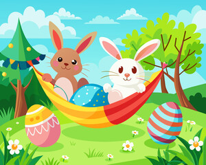Cartoon scene of the Easter bunny sitting in a hammock. The action takes place in an Easter egg field with trees and blue sky.