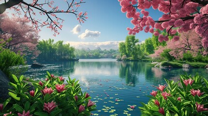 Lake with cherry trees. Smell, sea, expanse, reeds, rest, hope, swimming, house, cherry, blossom, fruit, seed, petal. Generated by AI - Powered by Adobe