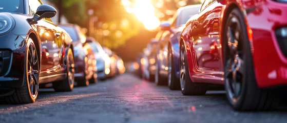 Fotobehang Cars parked on street at sunset, land vehicle, traffic, driving, mode of transport © antkevyv