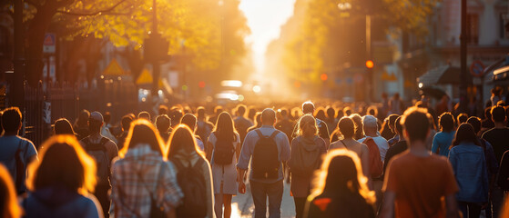 Crowd of people walking on street at sunset, large group of people, dusk, man, back lit - obrazy, fototapety, plakaty