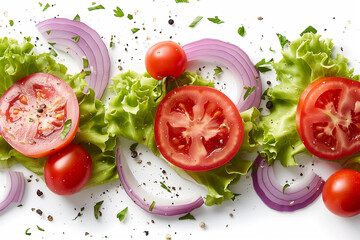 Tomato slices, lettuce leaves, and red onion slices scattered across a white background