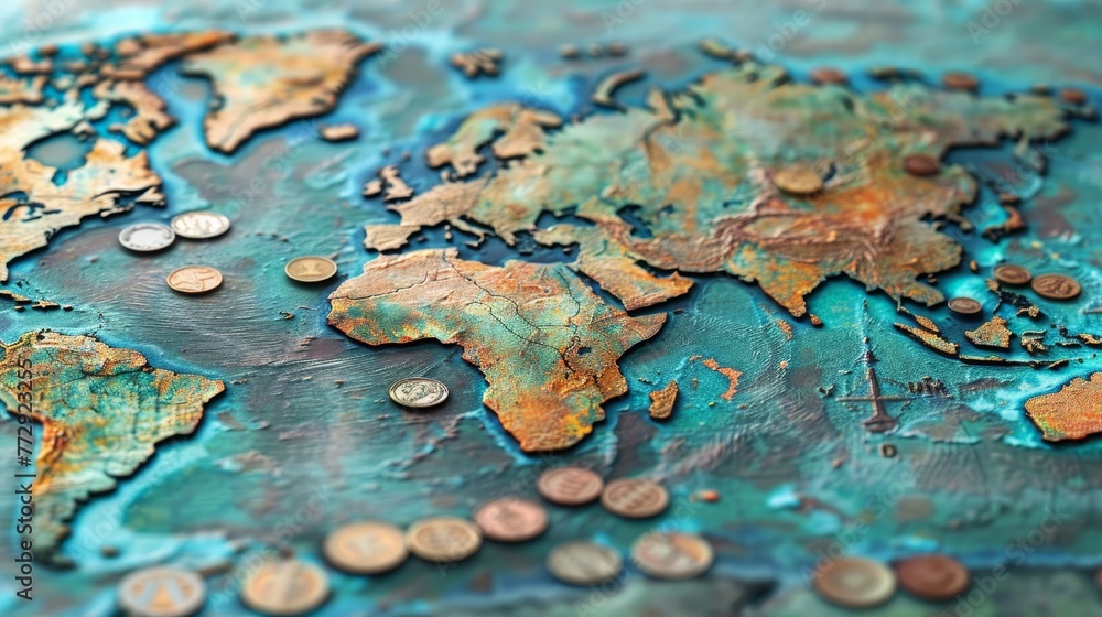 Poster a map of the world with coins scattered across it. the coins are of different sizes and colors, and 