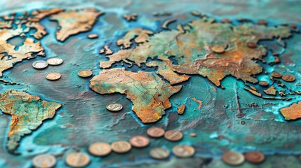 A map of the world with coins scattered across it. The coins are of different sizes and colors, and they are placed in various locations on the map. Concept of exploration and discovery - obrazy, fototapety, plakaty