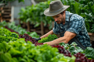 In the garden, a diligent farmer nurtures and cares for the growing vegetables