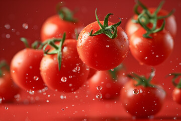Cherry tomatoes with water droplets suspended in mid-air