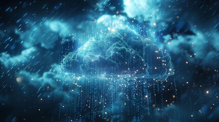 A blue cloud with a raindrop falling from it. The raindrop is surrounded by a glowing light, giving the impression of a futuristic storm