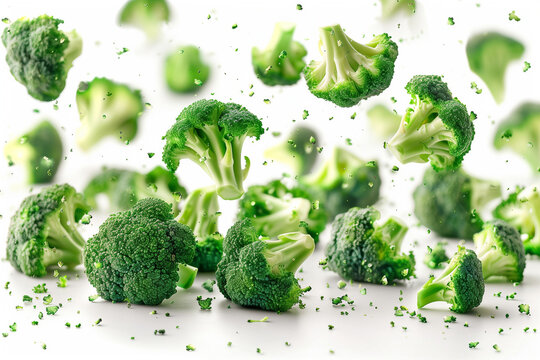 A bunch of broccoli florets scattered in mid-air with a white background