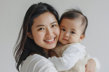 Asian Mother and Baby: Pure White Background