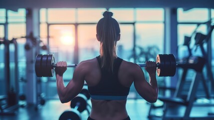 A woman lifting dumbbells in a gym, highlighting weightlifting exercises. 