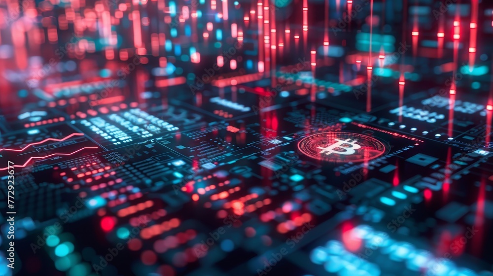 Poster a computer chip with a red and blue background and a red letter b. the image is abstract and colorfu