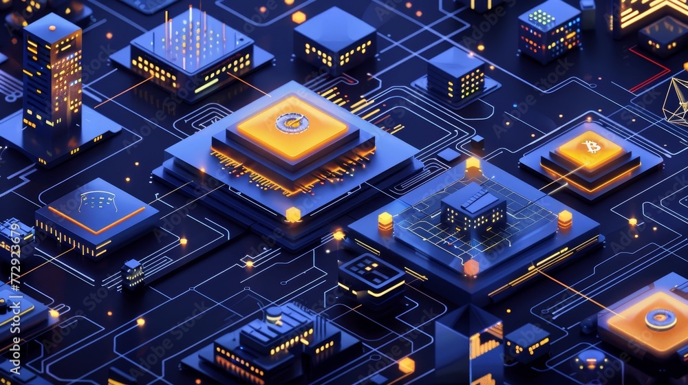 Poster a computer chip is shown in a cityscape with buildings and other electronic devices. concept of tech
