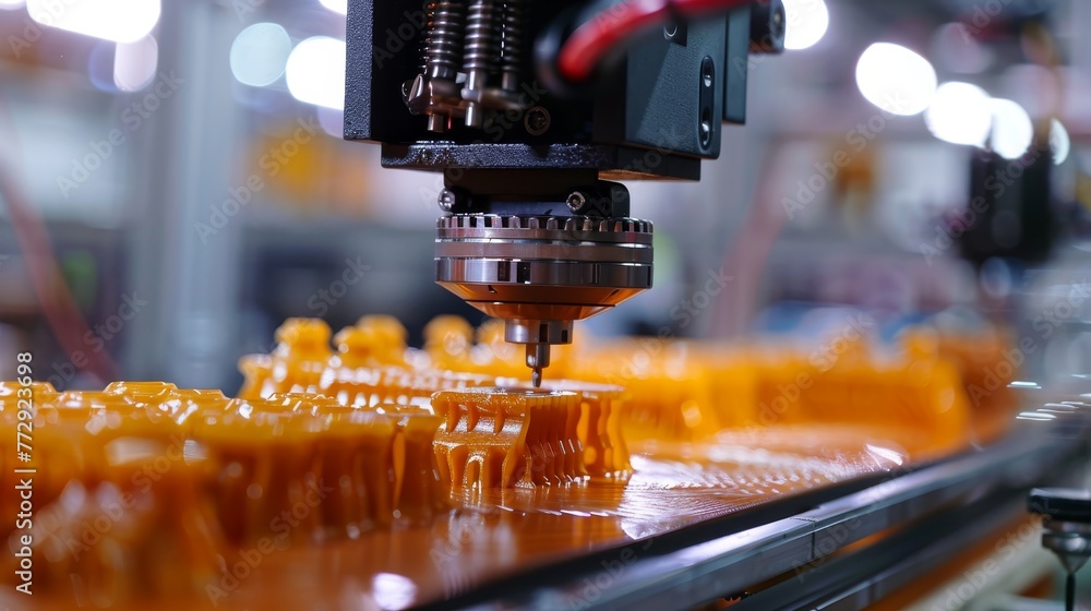 Poster a machine is making a product with a yellow color. the product is in the shape of a cylinder