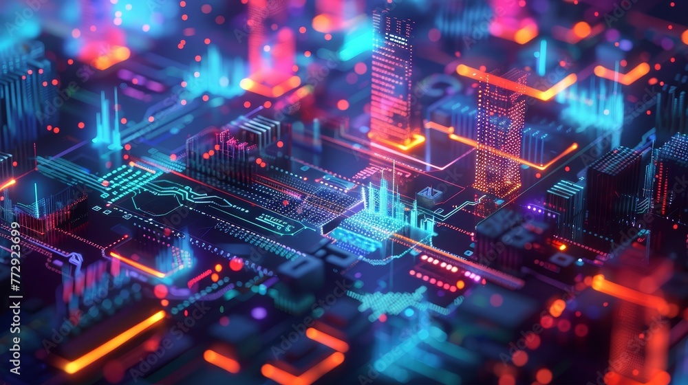 Poster a computer chip with a cityscape on it. the cityscape is made up of many small squares, each with a 
