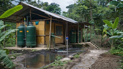 A small house with a green roof and a green tank. The house is surrounded by trees and has a dirt path leading to it
