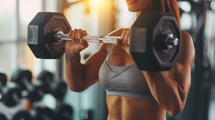 A woman lifting dumbbells in a gym, highlighting weightlifting exercises. - obrazy, fototapety, plakaty