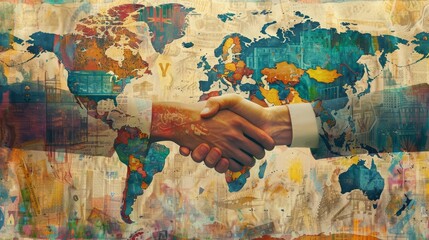 A handshake between two people is shown in a colorful background. Concept of international cooperation and unity