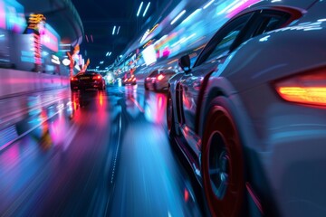 Electric and gasoline sports cars in a blur of neon lights during a high-speed night race, Concept...