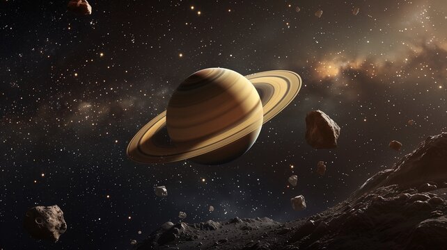Saturn planet with rings in outer space among star dust and srars. Titan moon seen with some asteroids.