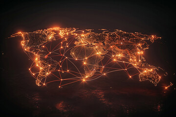 A world map with glowing connections between cities, illustrating global connectivity and digital technology. , dark background color , golden light