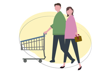 ショッピングカートを押して買い物をする家族。ショッピングを楽しむ夫婦。ベクターイラスト
