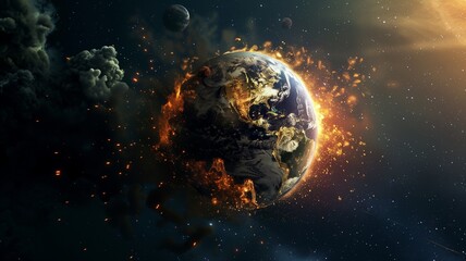 The earth bursts with fire as global warming causes the climate to change, space view of the world burning. - obrazy, fototapety, plakaty