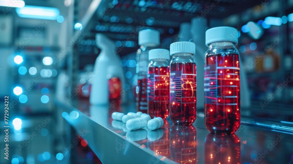 Poster a shelf with a few bottles of red liquid and white pills. the bottles are arranged in a row and the 